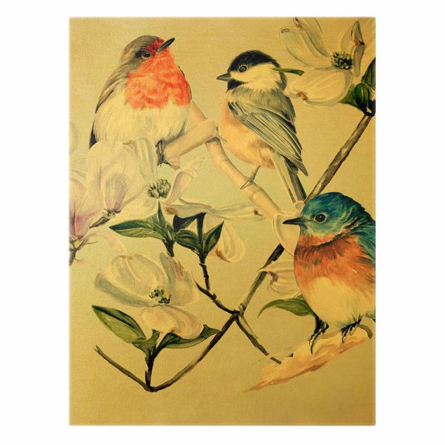 Canvastavlor Clolourful Birds On The Branch Of A Magnolia I