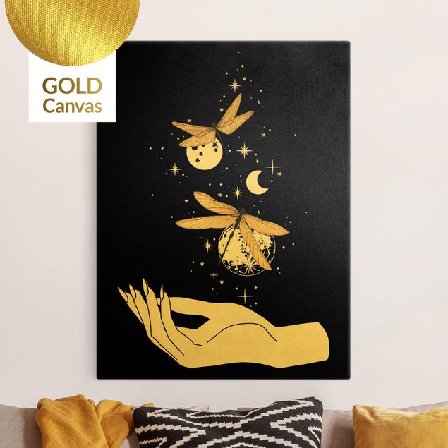 Leinwand Gold Magical Hand - Dragonfies And Planets