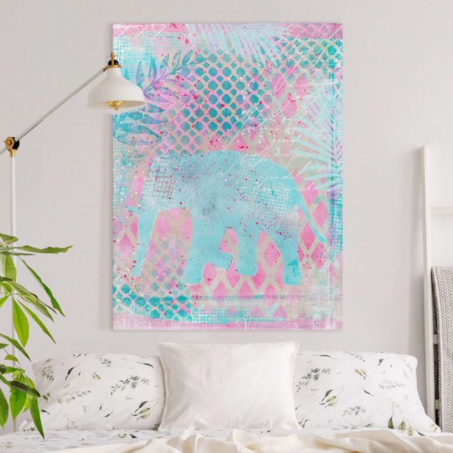 Canvastavlor elefanter Colourful Collage - Elephant In Blue And Pink