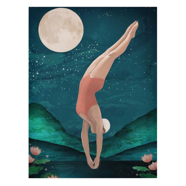 Tavlor porträtt Illustration Bather Woman Moon Painting
