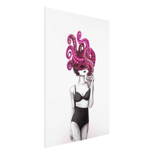 Glastavlor naken och erotik Illustration Woman In Underwear Black And White Octopus