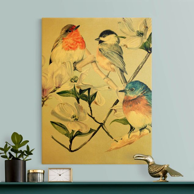 Guld Clolourful Birds On The Branch Of A Magnolia I