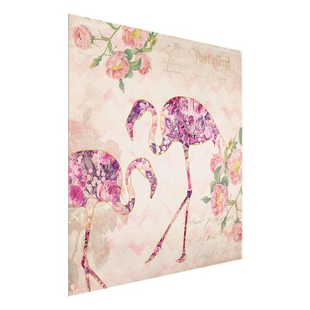 Glastavlor blommor  Vintage Collage - Pink Flowers Flamingos