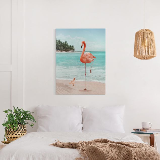 Canvastavlor fåglar Beach With Flamingo