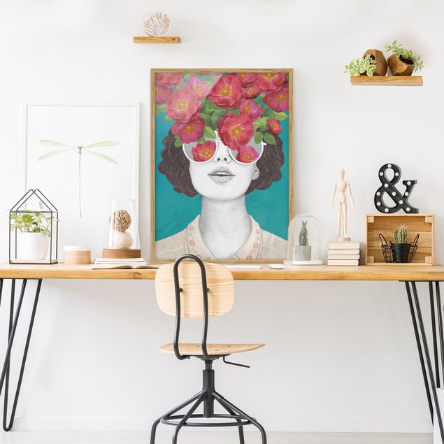 Tavlor porträtt Illustration Portrait Woman Collage With Flowers Glasses