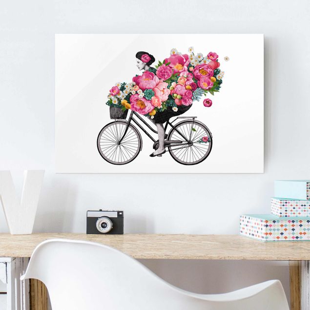 Glas Magnettavla Illustration Woman On Bicycle Collage Colourful Flowers