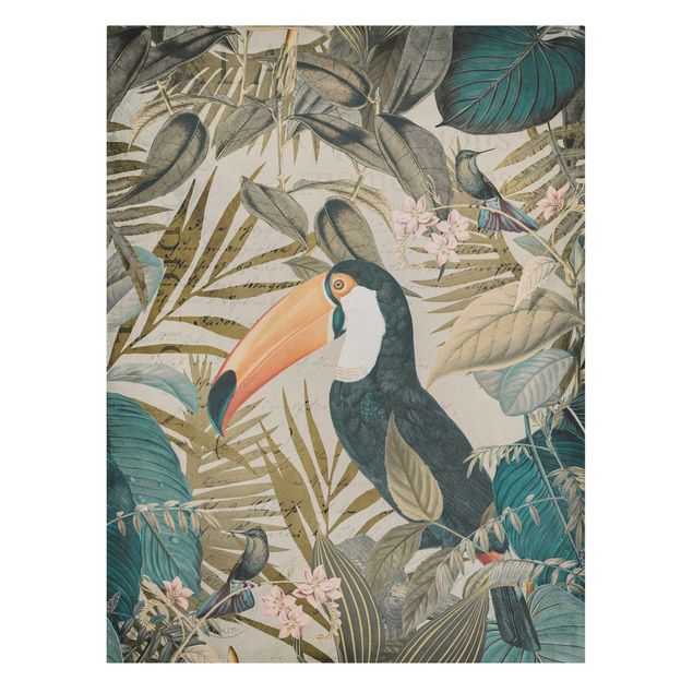 Tavlor blommor Vintage Collage - Toucan In The Jungle