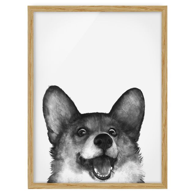 Tavlor med ram djur Illustration Dog Corgi Black And White Painting