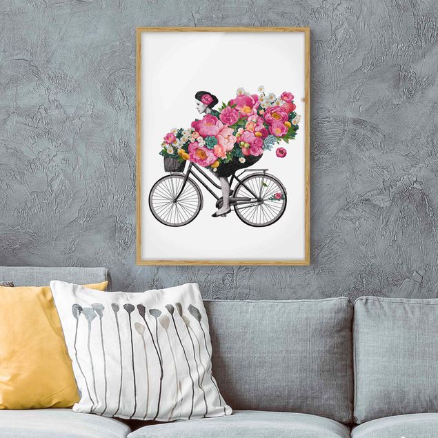 Kök dekoration Illustration Woman On Bicycle Collage Colourful Flowers