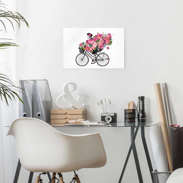 Glastavlor blommor  Illustration Woman On Bicycle Collage Colourful Flowers