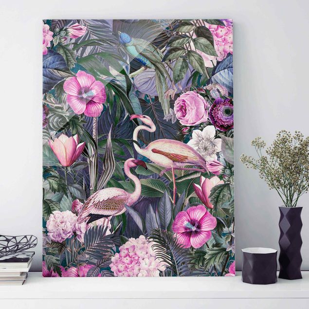 Glastavlor rosor Colourful Collage - Pink Flamingos In The Jungle