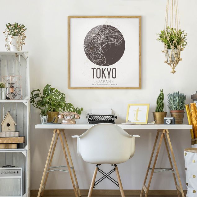 Tavlor med ram svart och vitt Tokyo City Map - Retro