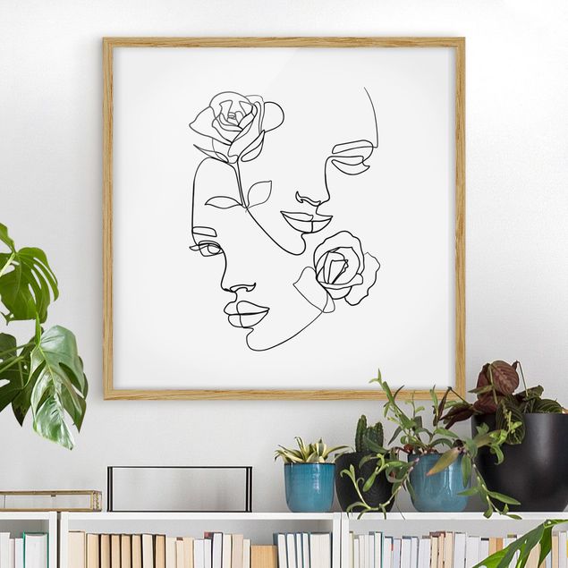 Tavlor med ram konstutskrifter Line Art Faces Women Roses Black And White