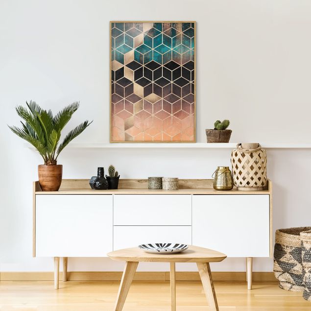 Tavlor med ram konstutskrifter Turquoise Rosé Golden Geometry