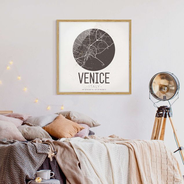 Tavlor med ram svart och vitt Venice City Map - Retro