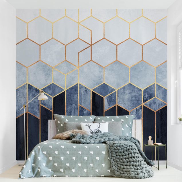 Tapeter geometrisk Golden Hexagons Blue White
