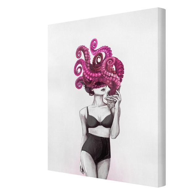 Canvastavlor svart och vitt Illustration Woman In Underwear Black And White Octopus