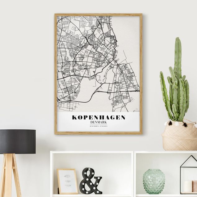 Tavlor med ram svart och vitt Copenhagen City Map - Classic