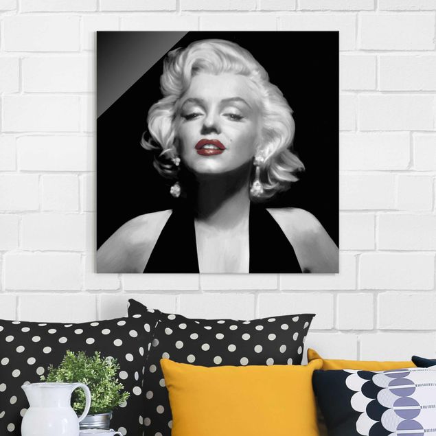 Glastavlor svart och vitt Marilyn With Red Lips