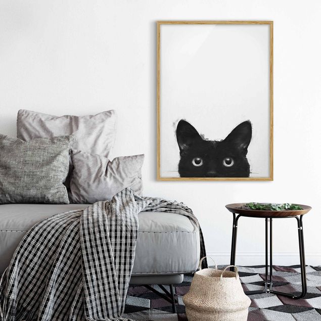 Tavlor katter Illustration Black Cat On White Painting