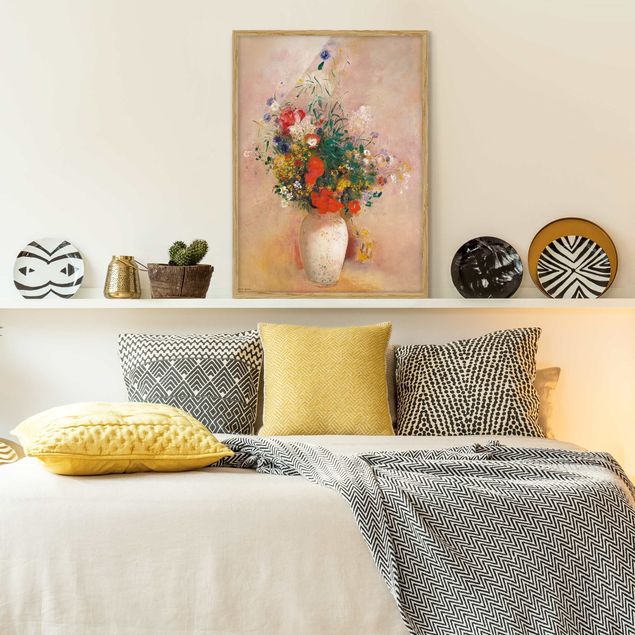 Tavlor med ram konstutskrifter Odilon Redon - Vase With Flowers (Rose-Colored Background)