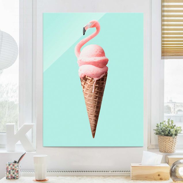 Magnettafel Glas Ice Cream Cone With Flamingo