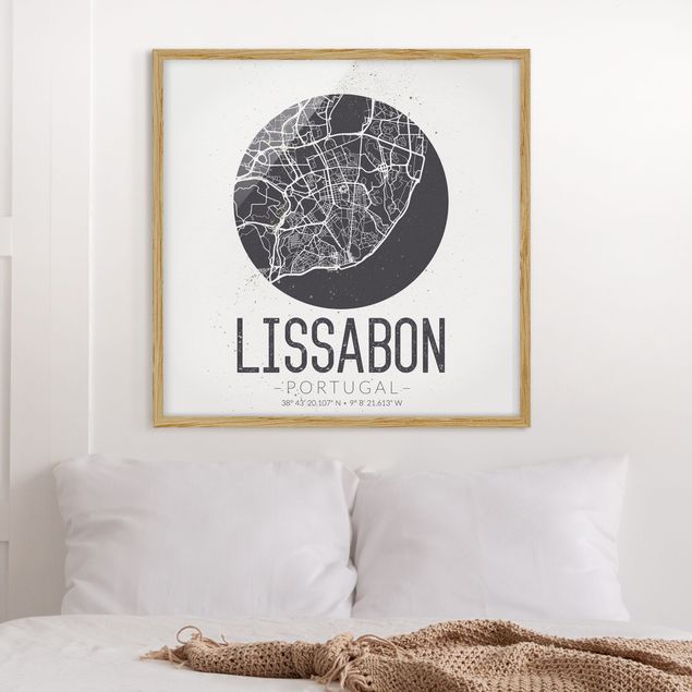 Tavlor med ram svart och vitt Lisbon City Map - Retro