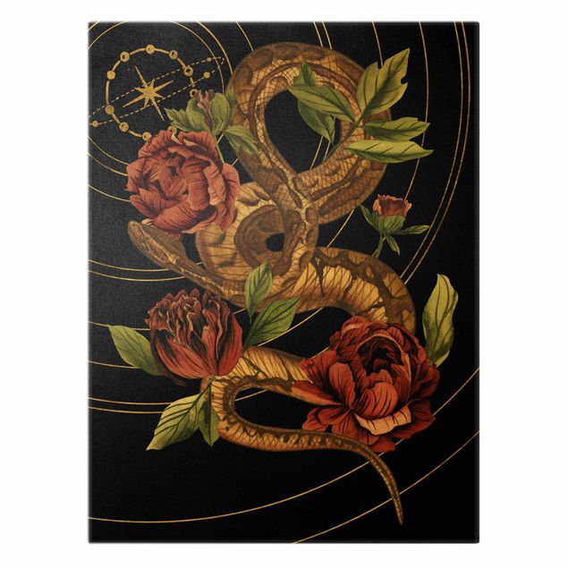 Canvastavlor Snake With Roses Black And Gold IV