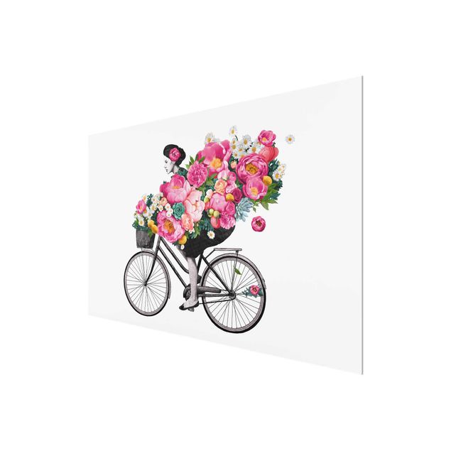 Tavlor rosa Illustration Woman On Bicycle Collage Colourful Flowers