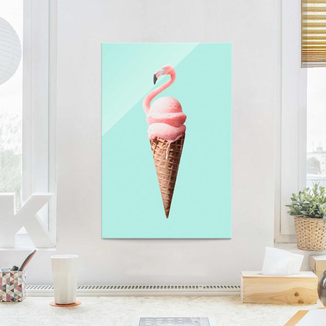 Glas Magnettavla Ice Cream Cone With Flamingo