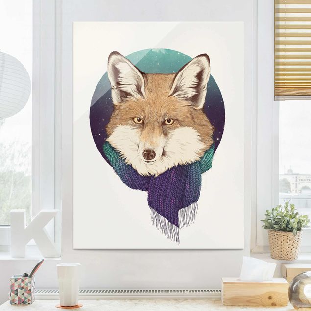 Magnettafel Glas Illustration Fox Moon Purple Turquoise
