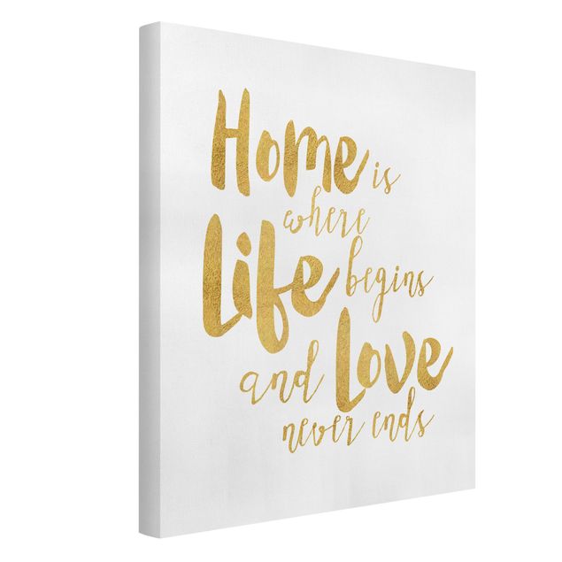 Canvastavlor ordspråk Home Is Where Life Begins Gold