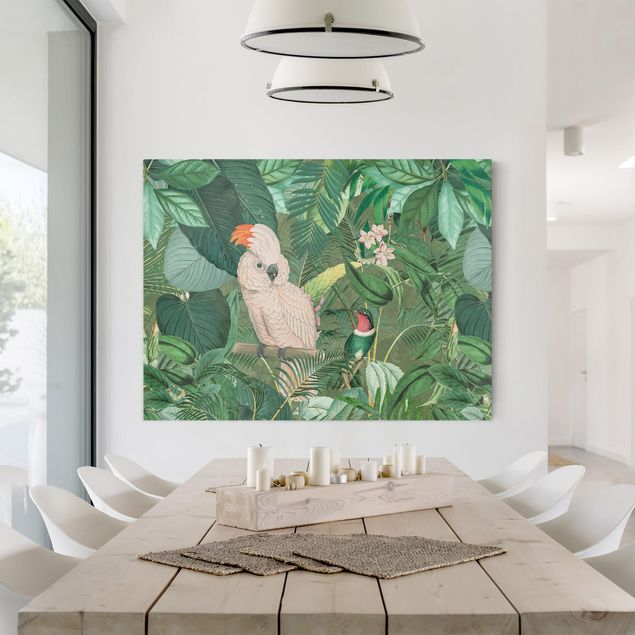 Canvastavlor blommor  Vintage Collage - Kakadu And Hummingbird