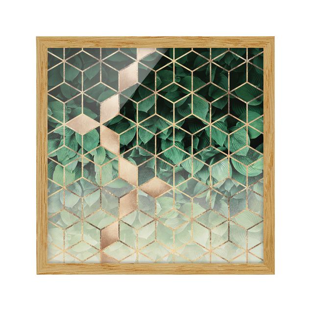 Tavlor med ram abstrakt Green Leaves Golden Geometry