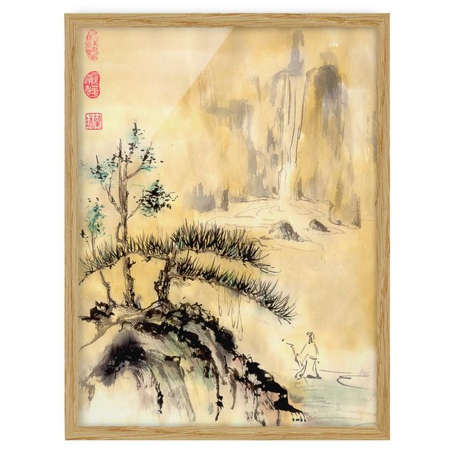 Tavlor landskap Japanese Watercolour Drawing Cedars And Mountains