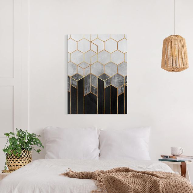Canvastavlor konstutskrifter Golden Hexagons Black And White