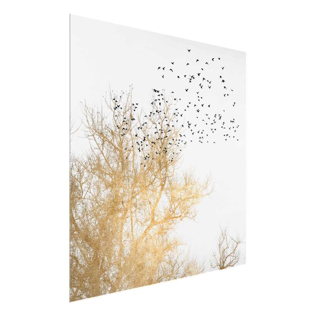 Glastavlor landskap Flock Of Birds In Front Of Golden Tree