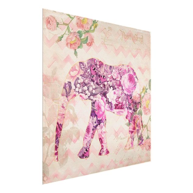 Tavlor fjärilar Vintage Collage - Pink Flowers Elephant