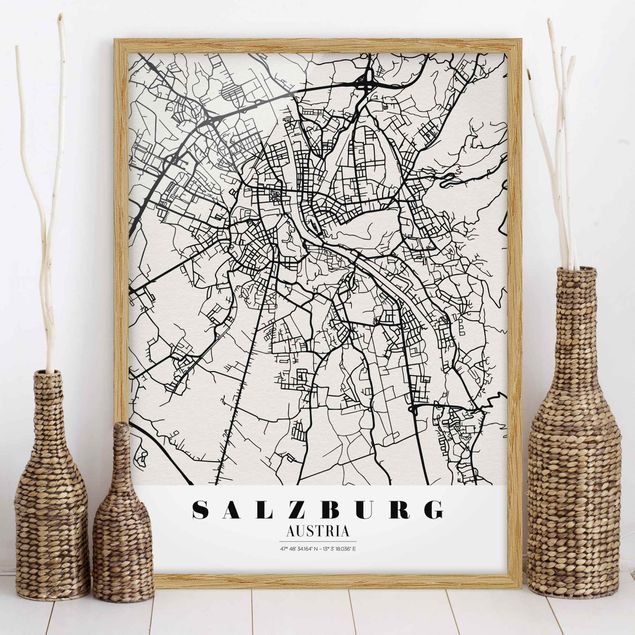 Tavlor med ram svart och vitt Salzburg City Map - Classic