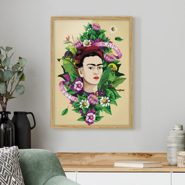 Tavlor med ram konstutskrifter Frida Kahlo - Frida, Monkey And Parrot