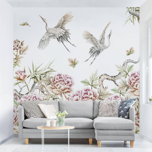 Kök dekoration Watercolour Storks In Flight With Roses