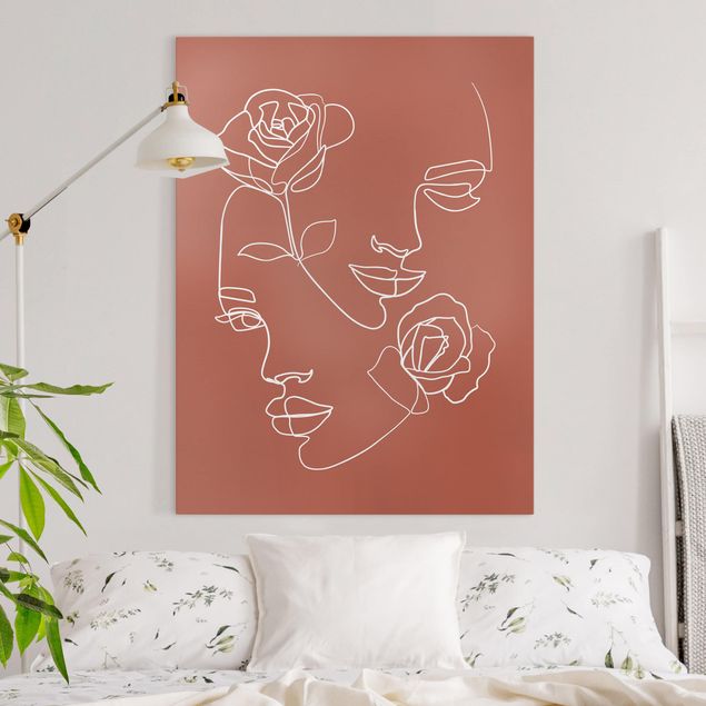 Tavlor röd Line Art Faces Women Roses Copper