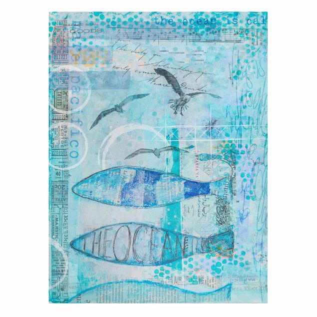 Canvastavlor konstutskrifter Colourful Collage - Blue Fish