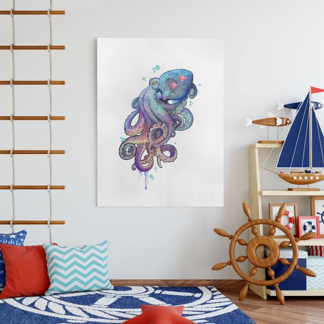 Canvastavlor fisk Illustration Octopus Violet Turquoise Painting