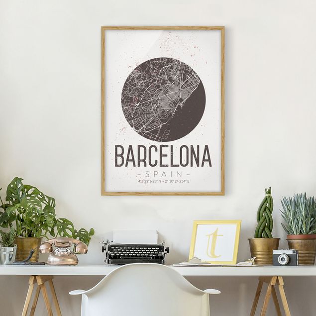 Tavlor med ram svart och vitt Barcelona City Map - Retro