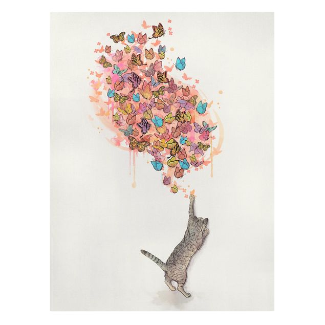 Canvastavlor schemtterlings Illustration Cat With Colourful Butterflies Painting