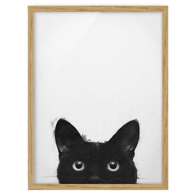 Tavlor med ram djur Illustration Black Cat On White Painting