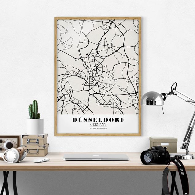Tavlor med ram svart och vitt Dusseldorf City Map - Classic