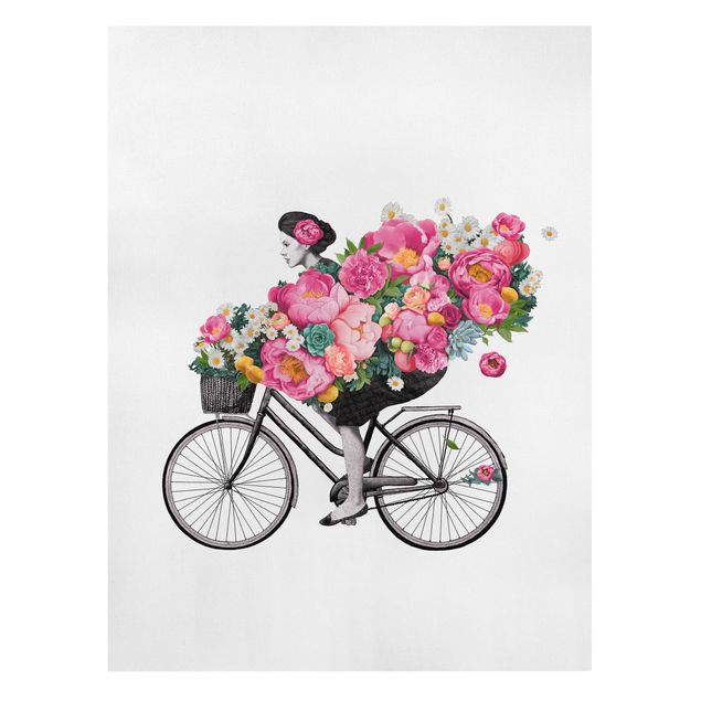 Tavlor blommor  Illustration Woman On Bicycle Collage Colourful Flowers