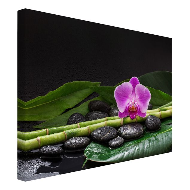 Canvastavlor bambu Green Bamboo With Orchid Flower